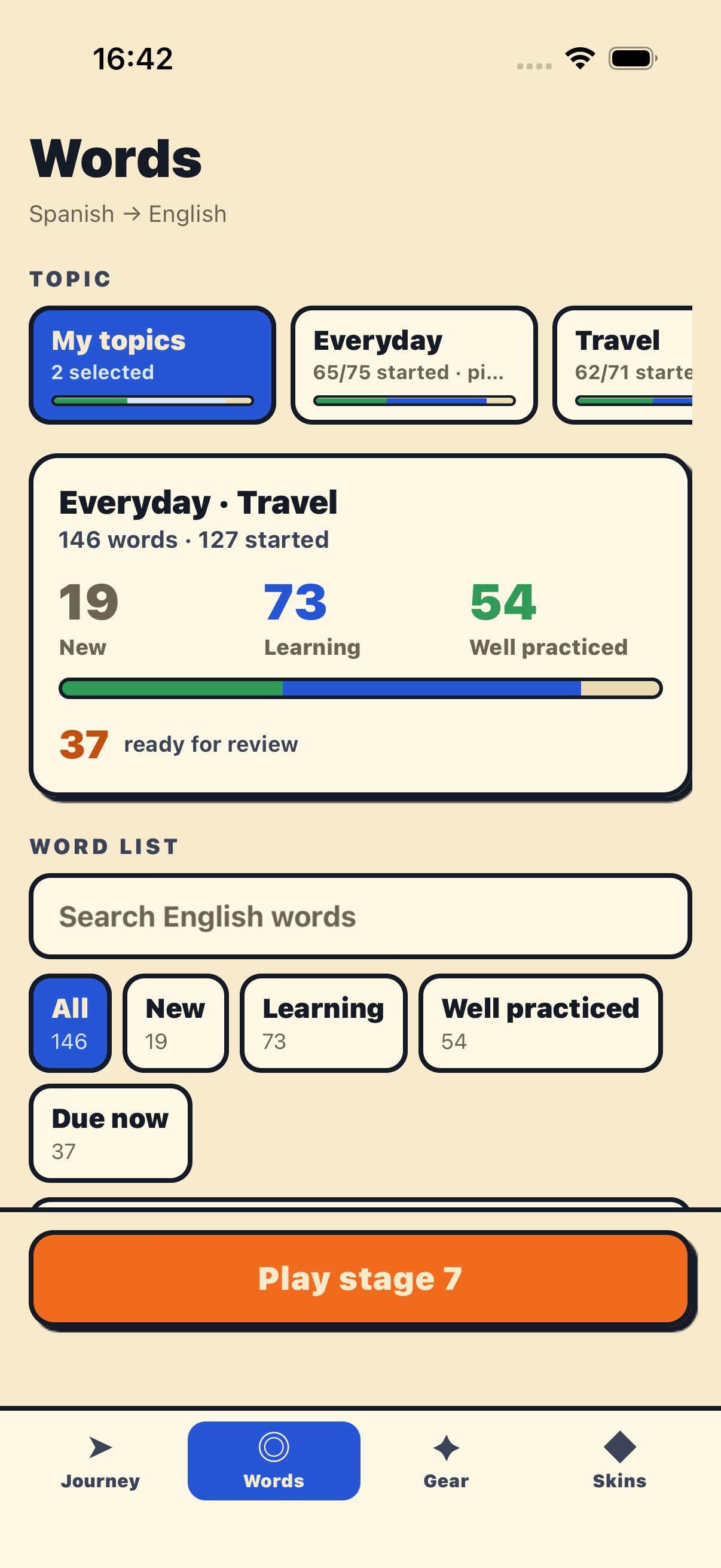 Vocabulary progress showing new, learning, and well practiced words