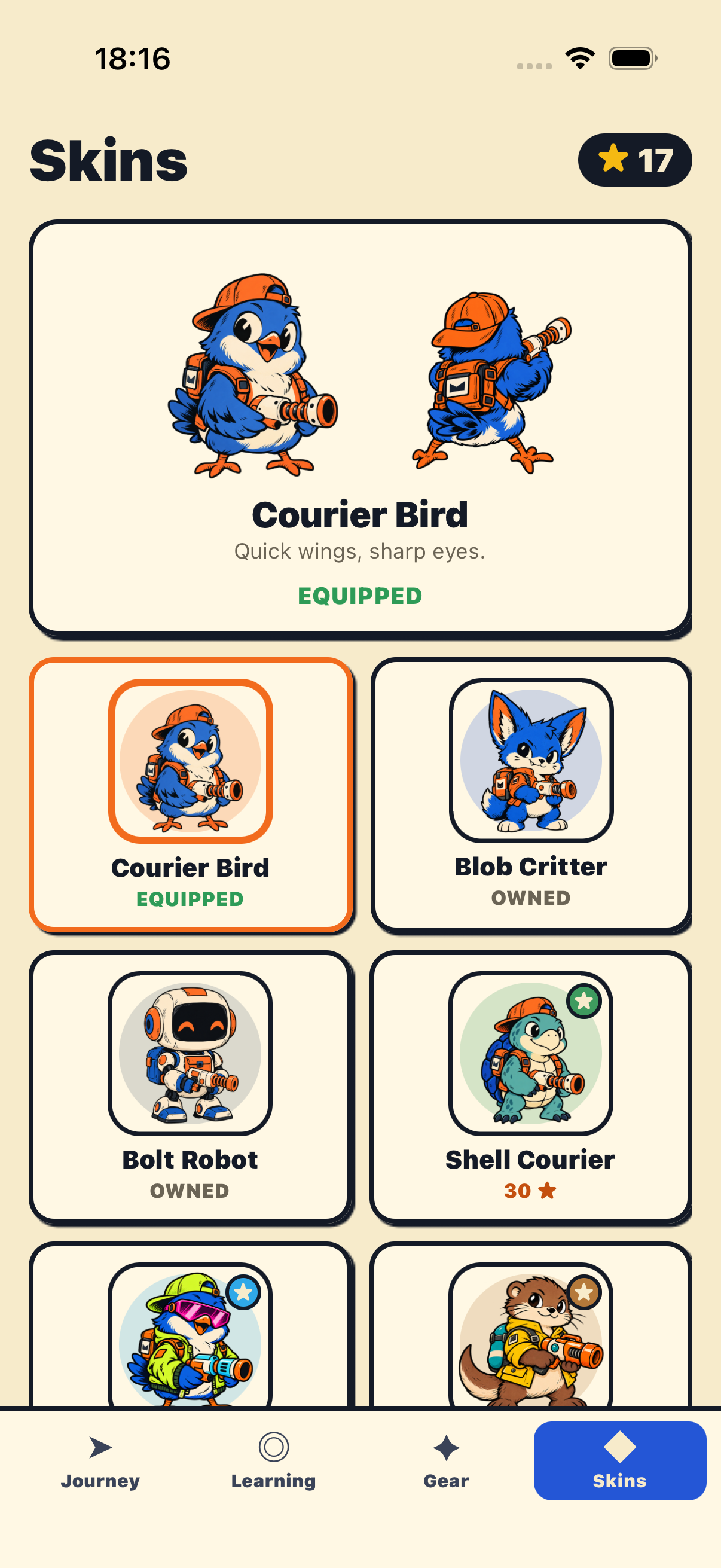 Comic-style non-human characters in the skins screen