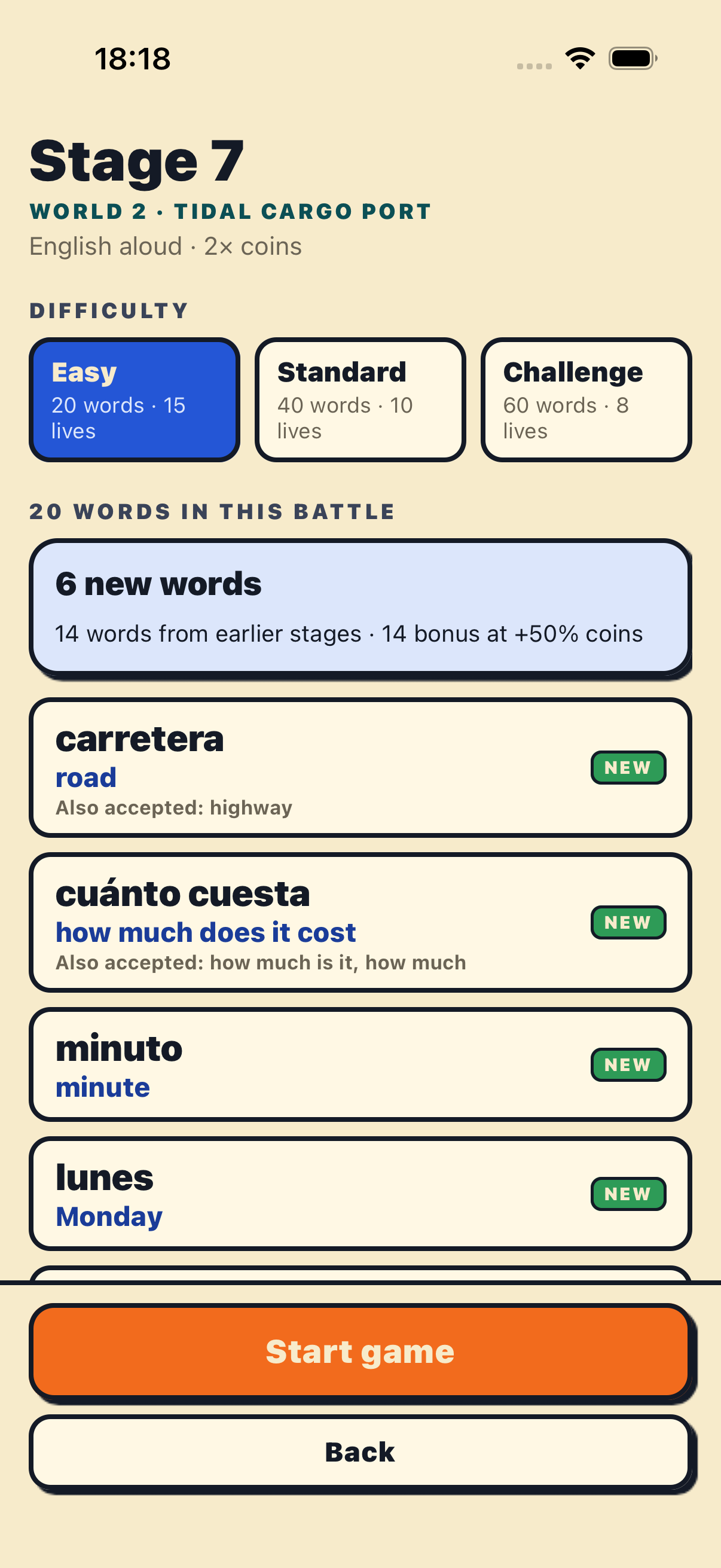 Stage preview with difficulty choices and new vocabulary